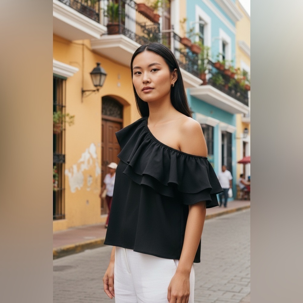 Boston Proper Black One-Shoulder Ruffle Top